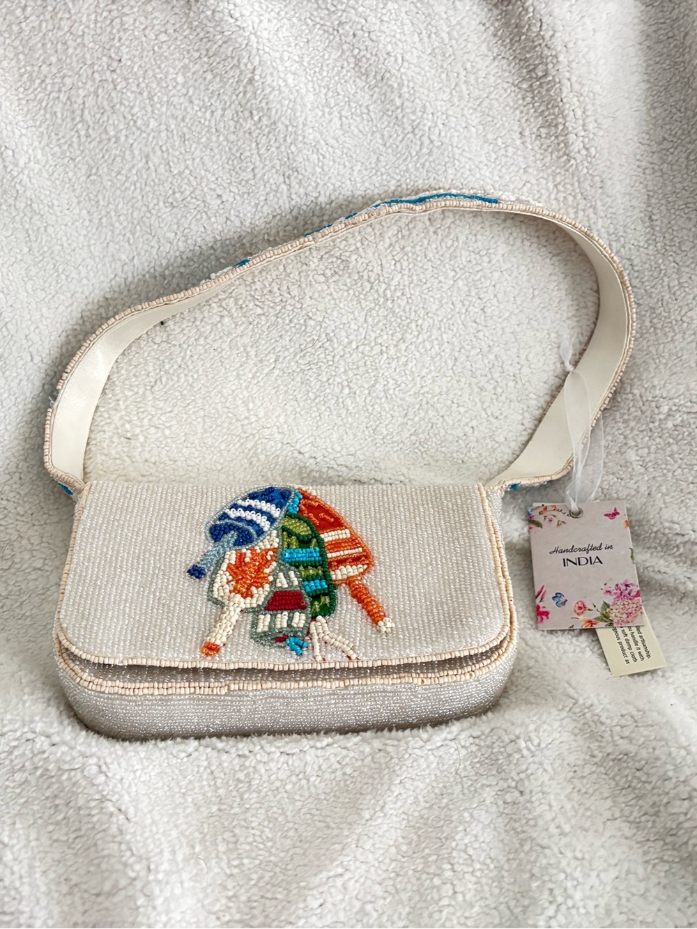 Handcrafted White Beaded Shoulder Bag with Multicolor Bouy Motif